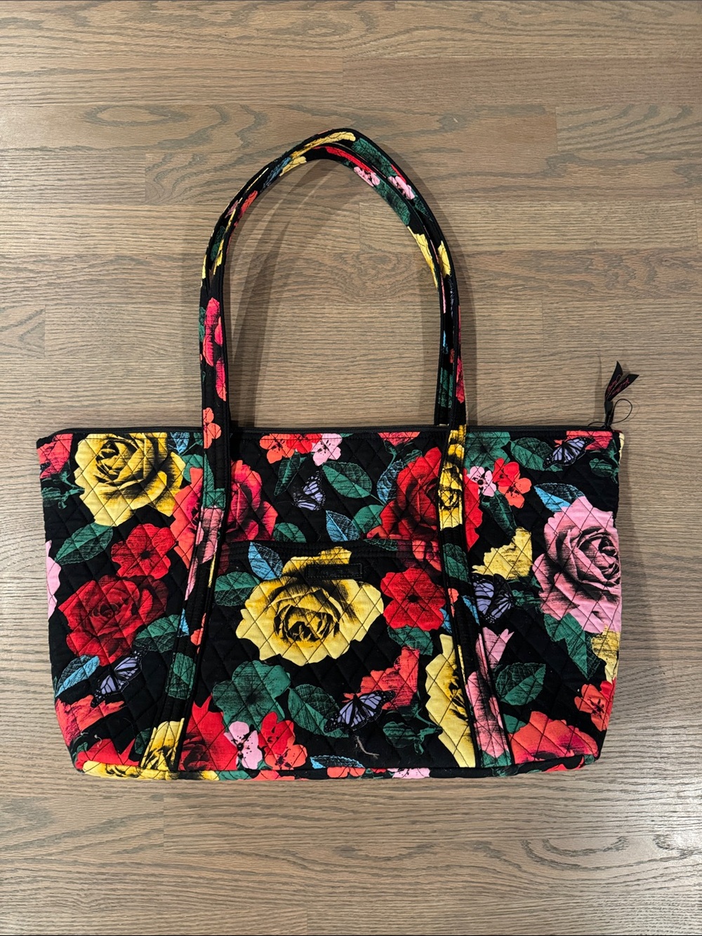 Vera Bradley Black Quilted Tote with Yellow, Red, Pink & Green Floral Print